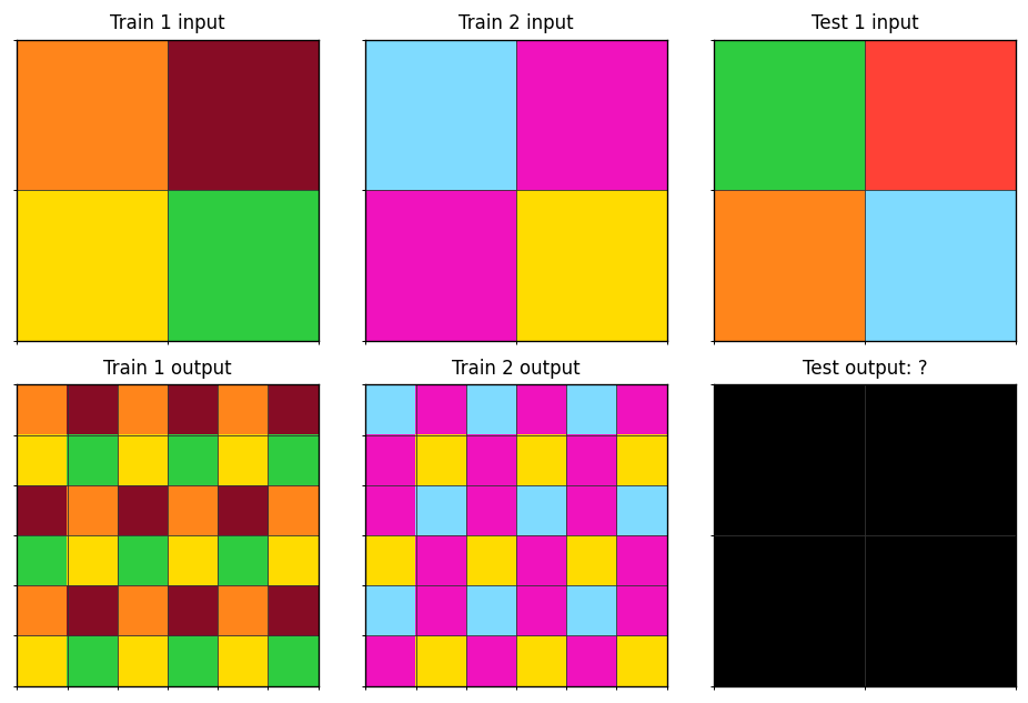 Easy ARC-AGI-2 puzzle showing a 2x2 input expanded into a 6x6 output via tiling and vertical reflection
