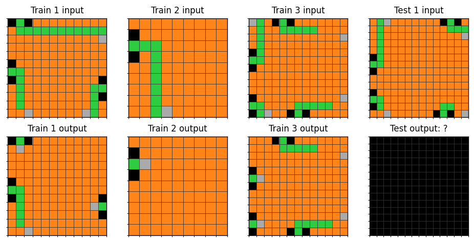 Medium-tier ARC-AGI-2 puzzle showing same-size grid transformations across three demonstration pairs of varying sizes