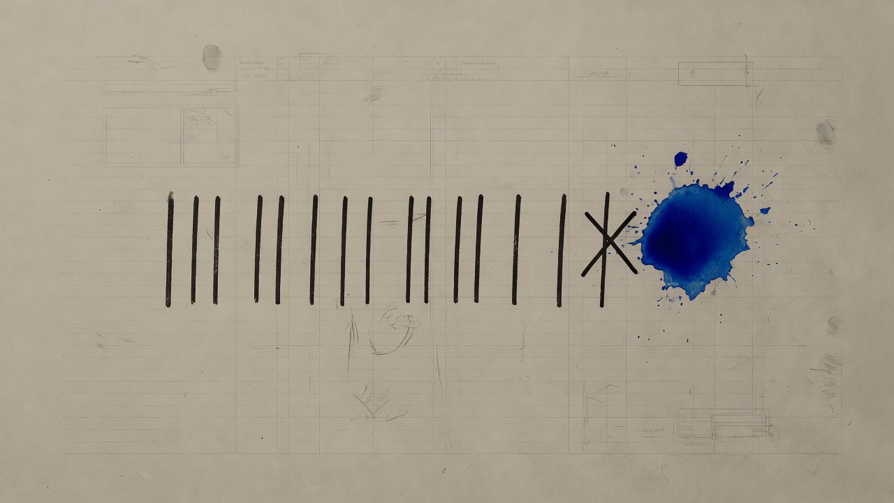 Eleven ink ticks and one X on putty ledger paper, cobalt blot on the regression