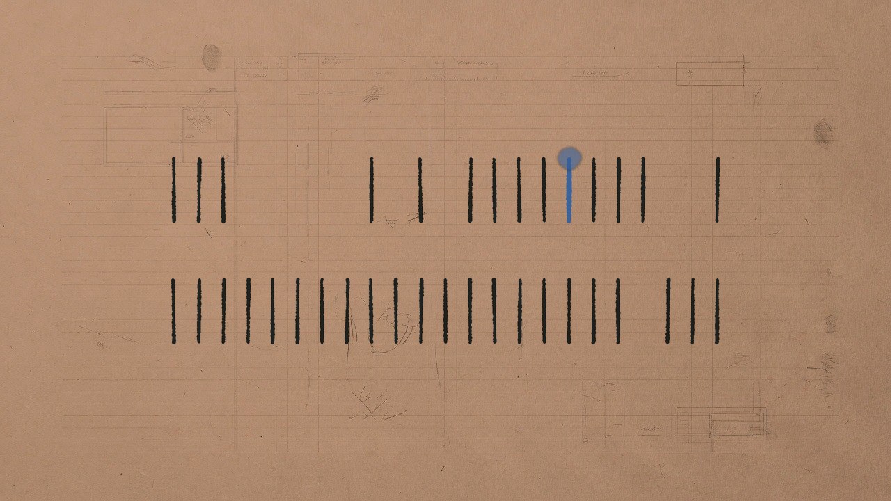 Two rows of ink tally strokes on rust-red ledger paper, one stroke per OpenAI model page: the lower row is complete but for one gap, the upper row has nine gaps, and one stroke in the upper row is cobalt