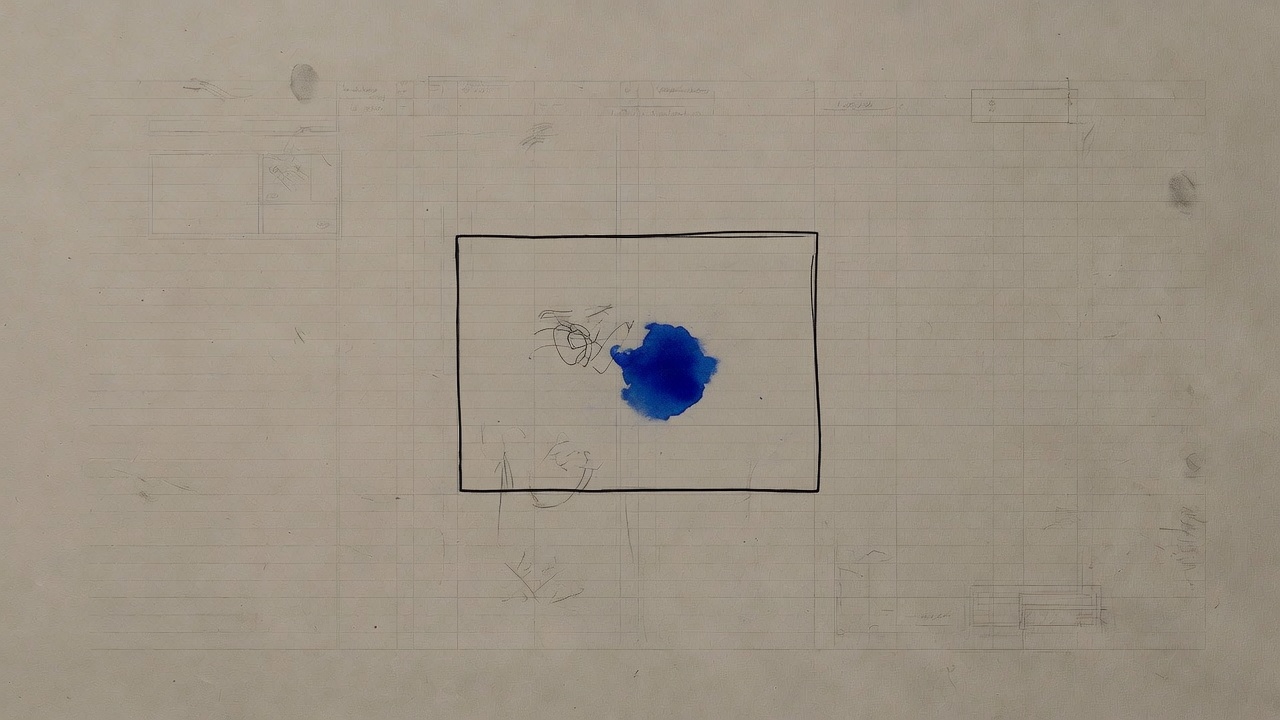 A draft scribble kept inside a black ink box on taupe ledger paper, cobalt inside the box