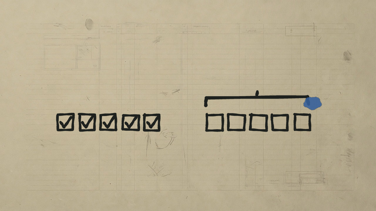 A row of small inked boxes, each with its own tick, beside a single long bracket over a matching row and a cobalt stain, on a sand ledger sheet