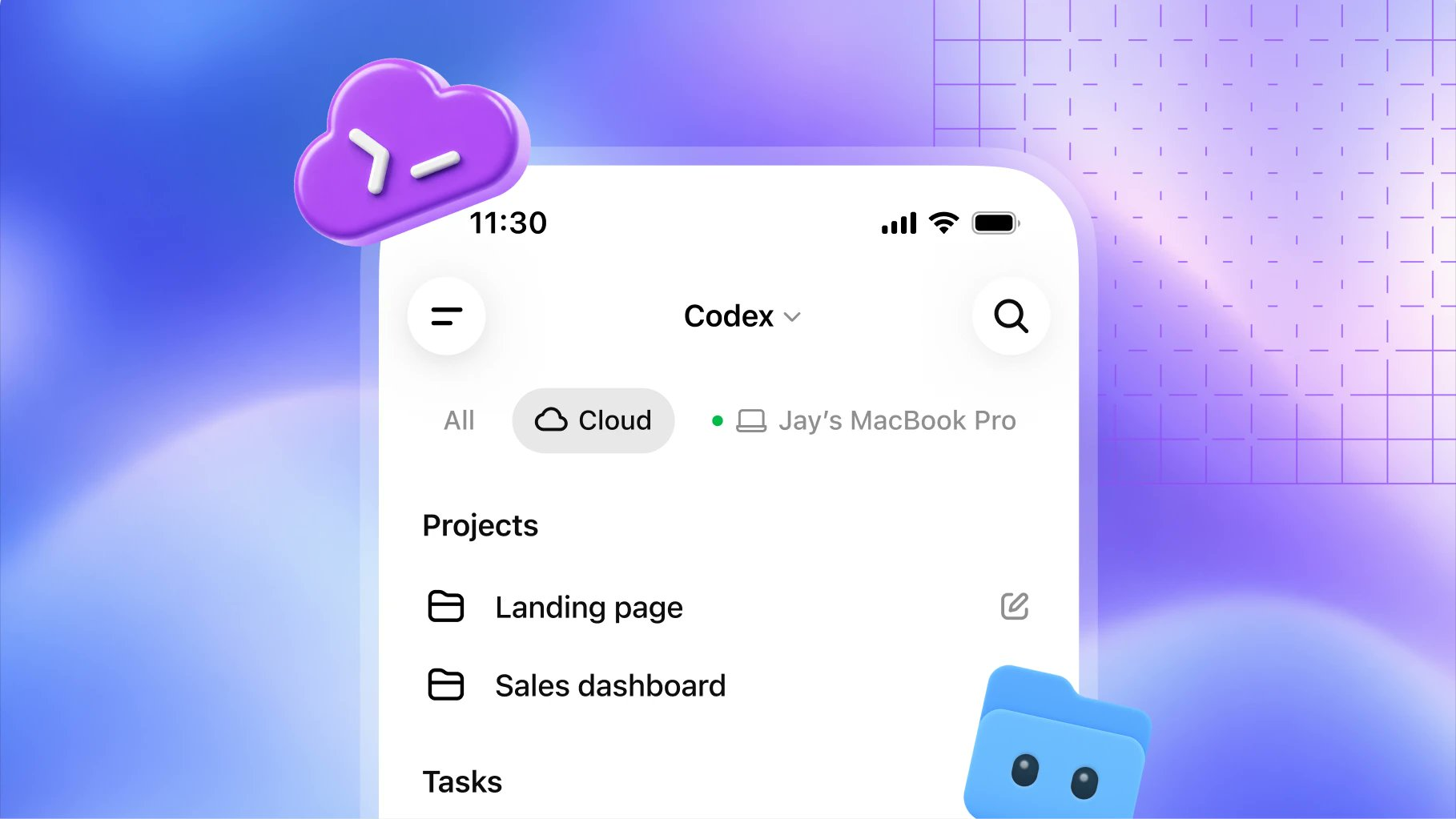 Codex mobile interface showing Cloud and a connected MacBook as execution options