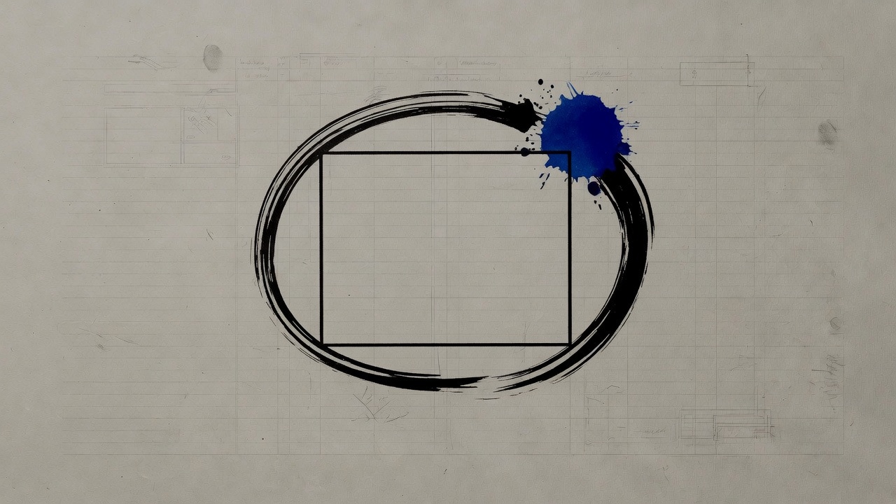 An empty ink frame wrapped by a brush stroke on stone ledger paper, cobalt on the outer stroke