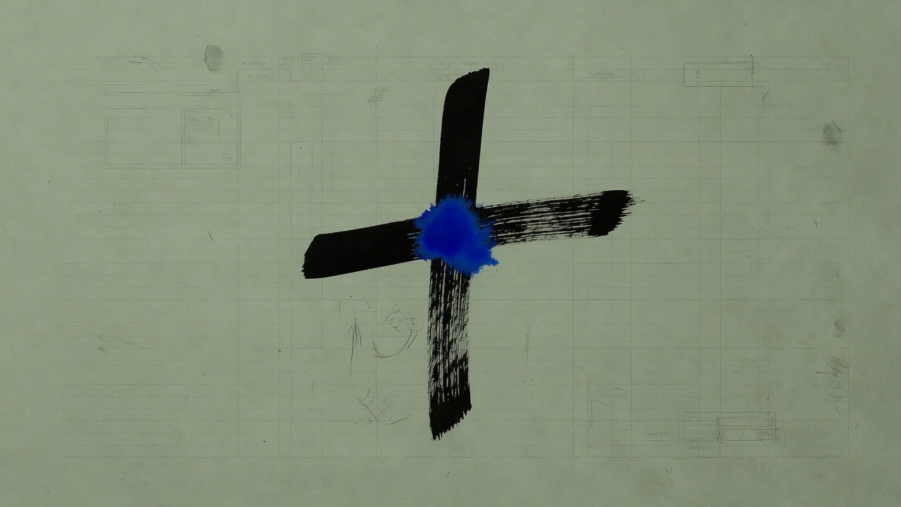 A large brush-ink plus sign on moss ledger paper, cobalt blot at the crossing