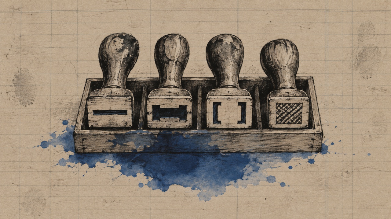 Four hand-inked rubber stamp faces with different cuts in a shallow rack, resting over a large cobalt stain on used putty ledger paper