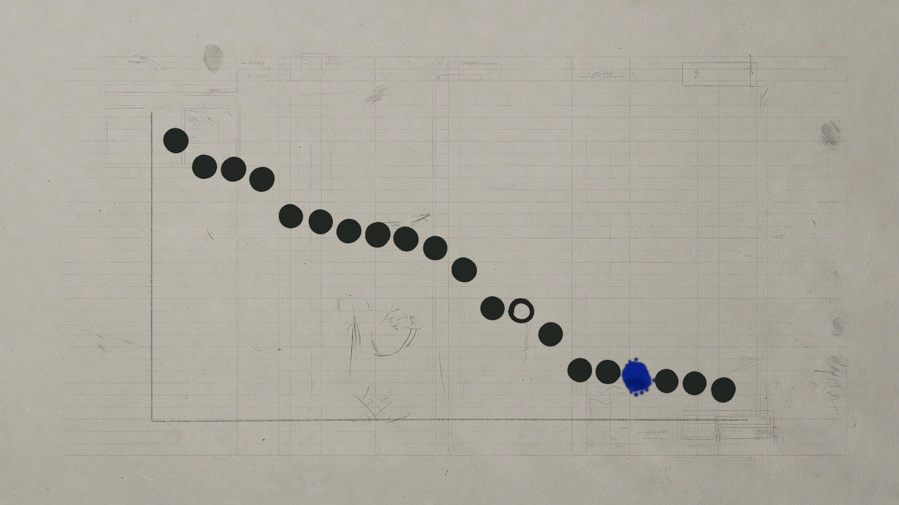 Twenty hand-inked marks on ash ledger paper, one per model in the October 29 overall top 20, stepping down by score: a hollow ring at thirteenth for Kimi K3.1 Pro, whose weights are pending, and a cobalt stain at seventeenth for Kimi K3, the best open-weight model
