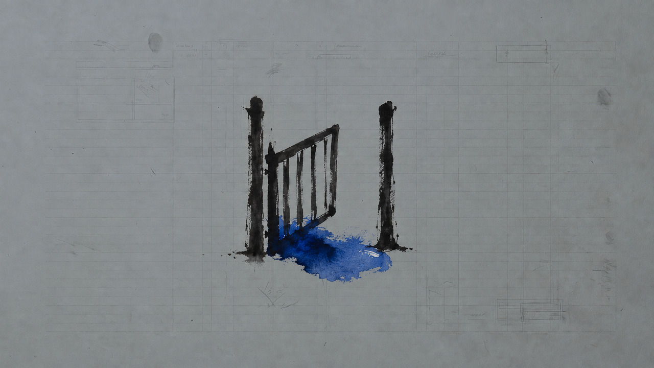 An open gate drawn in wet black ink on slate ledger paper, with a cobalt pool across the threshold