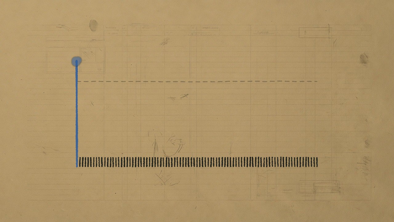 Eighty-seven ink tally strokes on ochre ledger paper, one per API call: the first is a tall cobalt stroke rising above a dashed pencil line, and the other eighty-six are short black ticks along the bottom