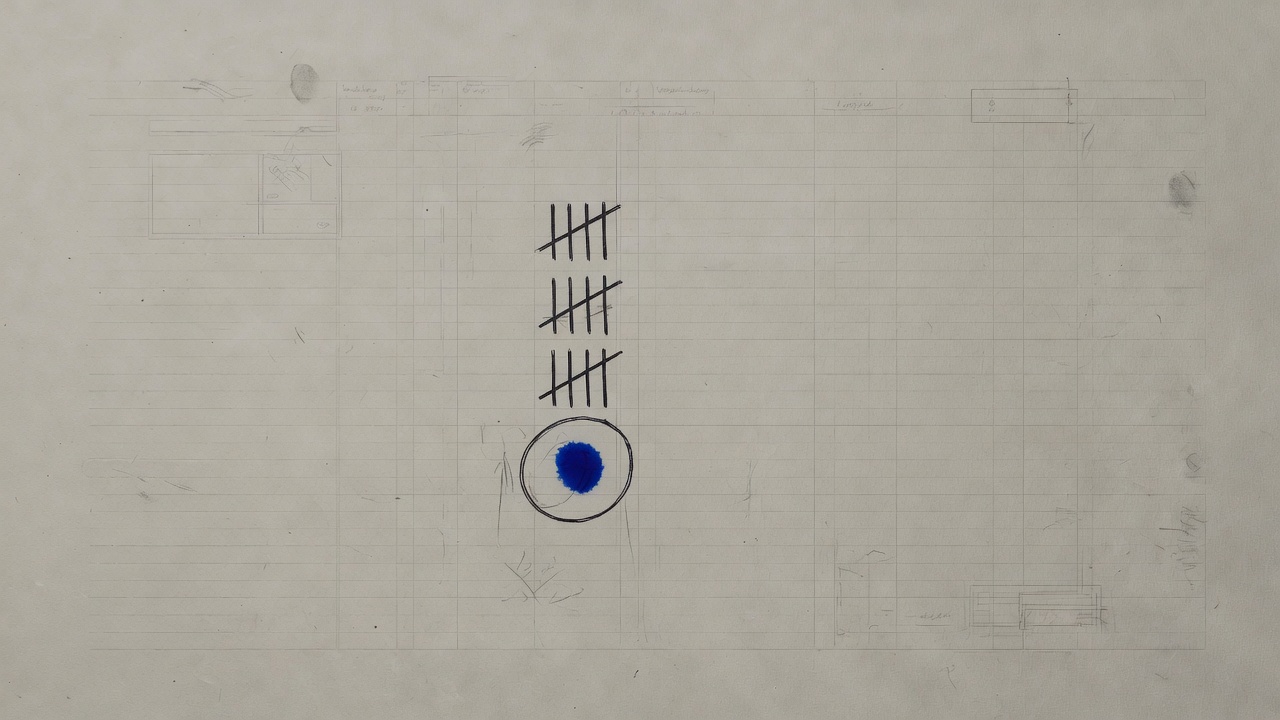 Ink tally groups above a circled cell on ash ledger paper, cobalt in the test-set circle