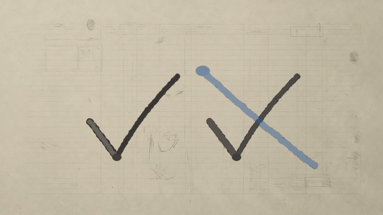 Two ink checkmarks on ivory ledger paper, the second crossed by a single diagonal cobalt strike