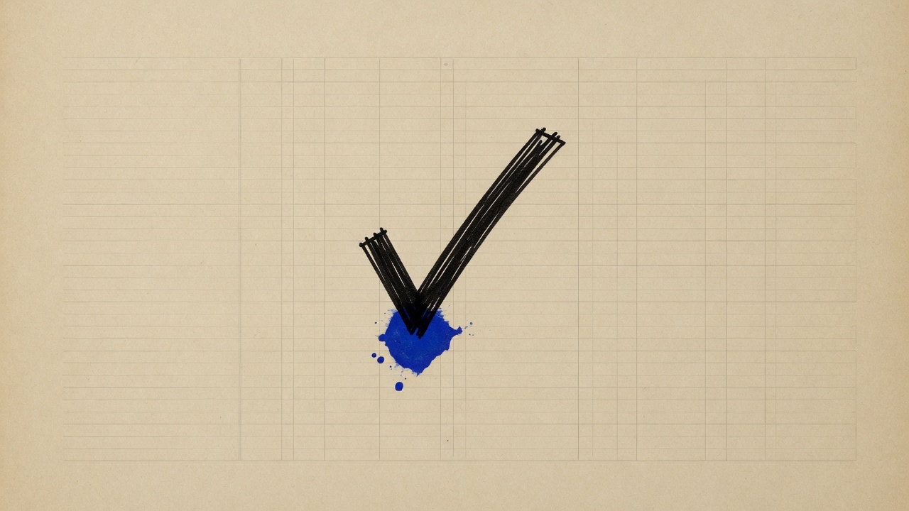 A heavy brush-ink check mark on bone ledger paper, cobalt at the base