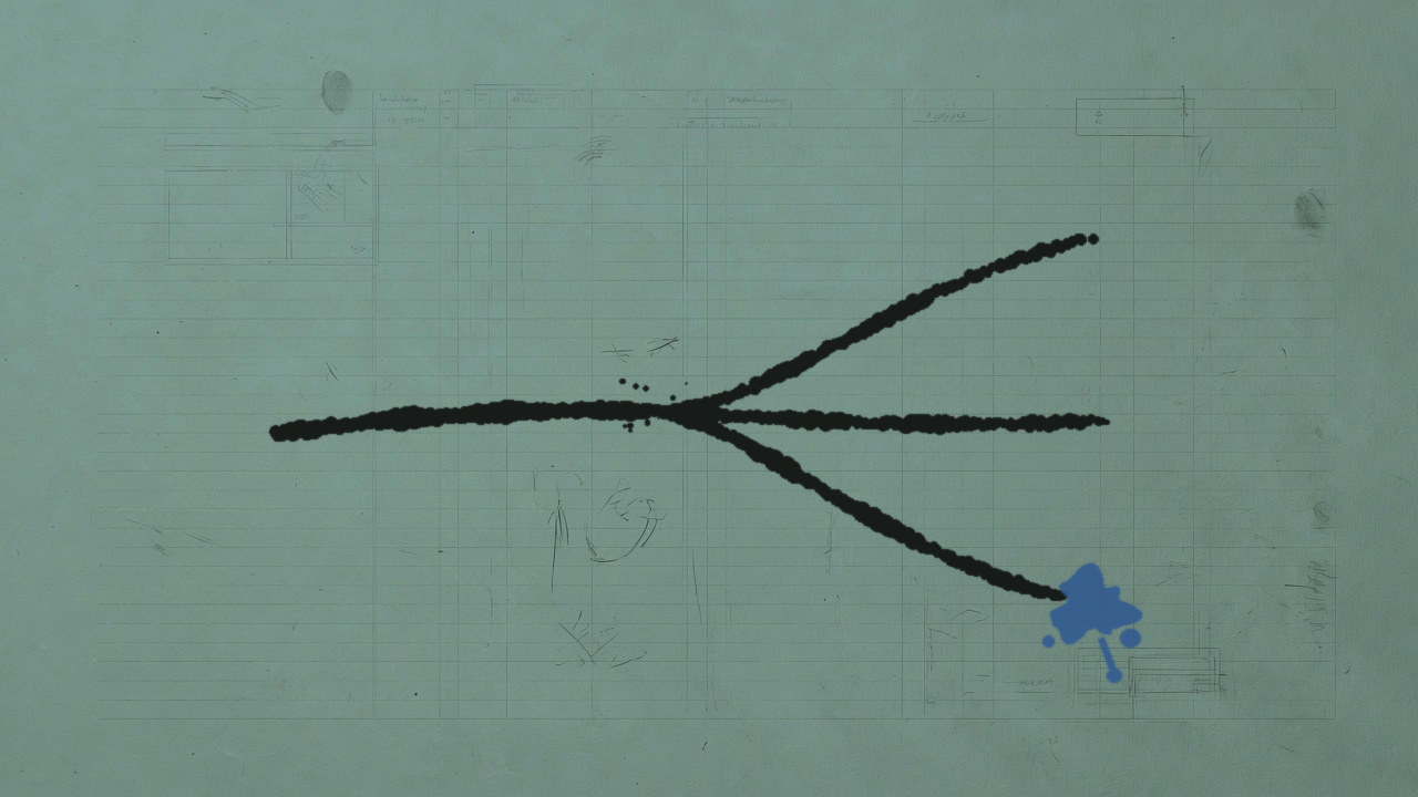 One ink stroke that forks into three branches on teal ledger paper, the lower branch ending in a cobalt blot