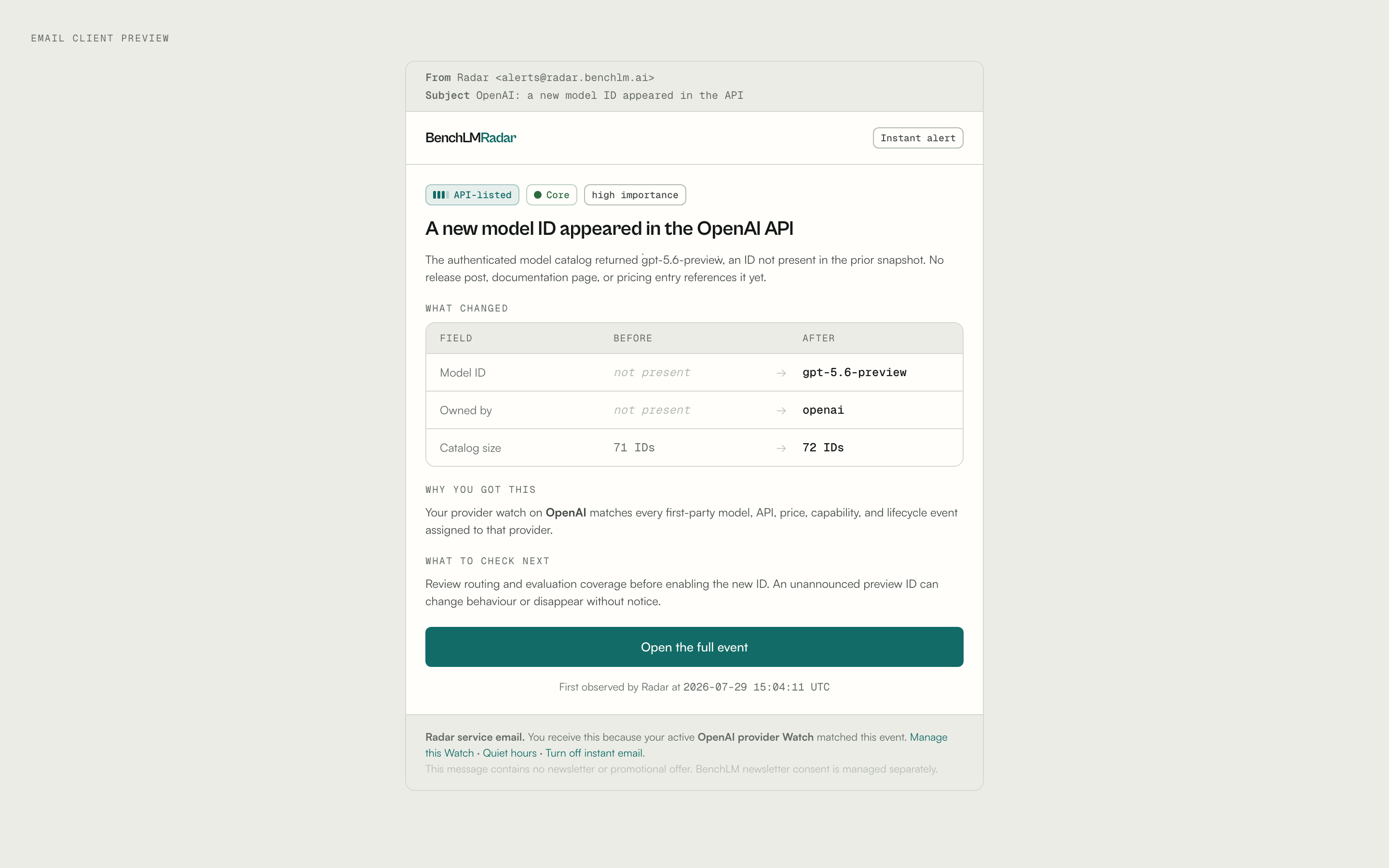 BenchLM Radar instant email preview with evidence state, before-and-after fields, and source context