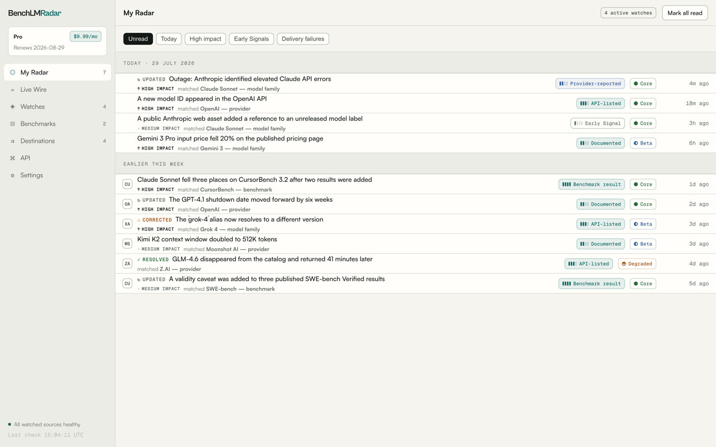 Radar paid workspace with a source-linked stream of monitored AI provider events